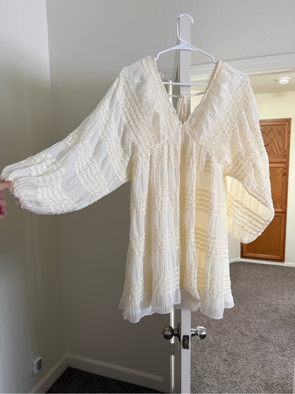 Vici Cream Smocked V-Neck Tunic with Balloon Sleeves
